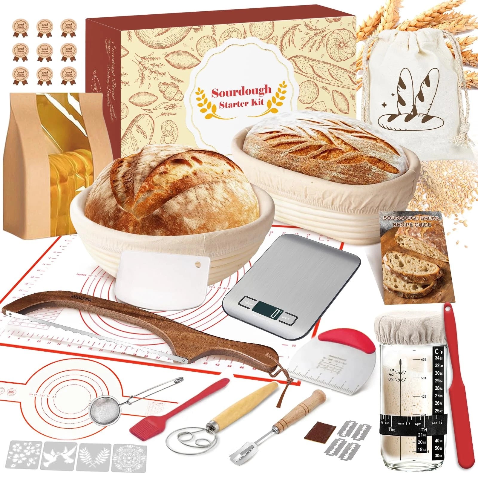 Starter Kit with Scale, Banneton Bread Proofing Basket, Sour Dough